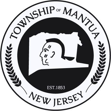 Mantua Township New Jersey historical seal EST 1863 with laurel wreath on black and white background